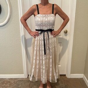 Chic Lace Midi Dress with Black Ribbon